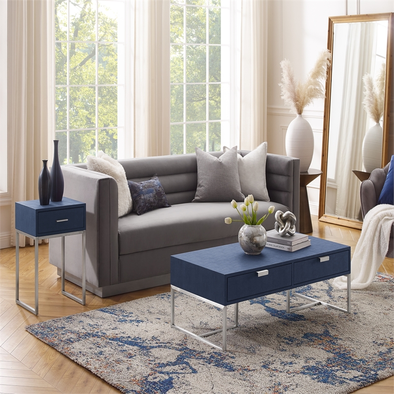 Pemberly Row Contemporary Faux Shagreen Coffee Table Navy/Chrome