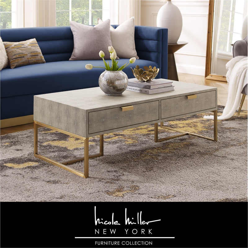Pemberly Row Modern Faux Shagreen Coffee Table Cream White/Gold