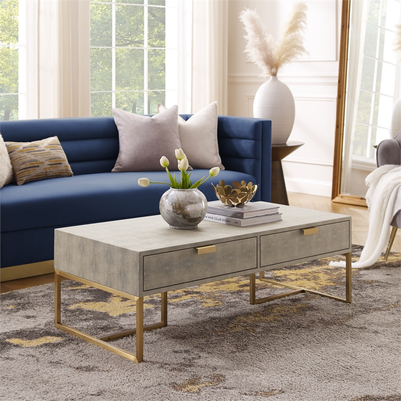 Pemberly Row Modern Faux Shagreen Coffee Table Cream White/Gold