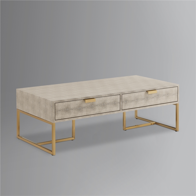 Pemberly Row Modern Faux Shagreen Coffee Table Cream White/Gold