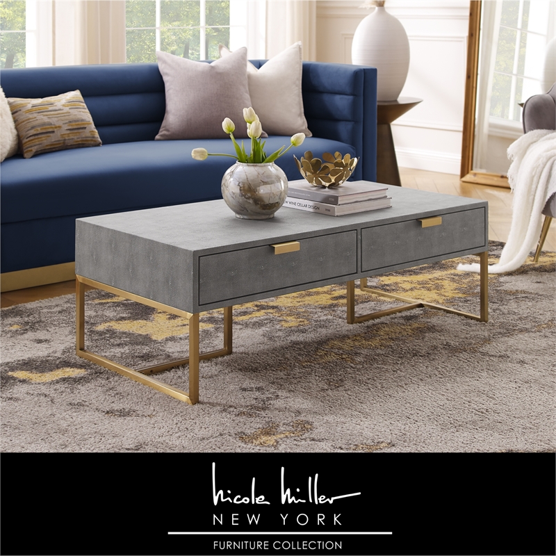 Pemberly Row Contemporary Faux Shagreen Coffee Table Gray/Gold
