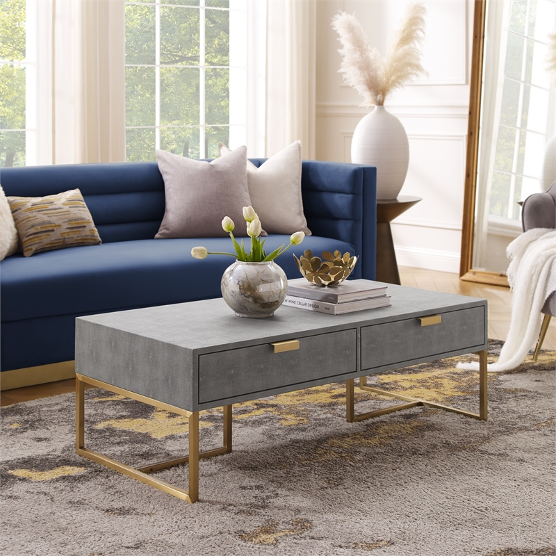 Pemberly Row Contemporary Faux Shagreen Coffee Table Gray/Gold