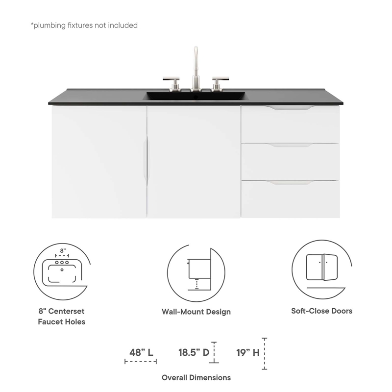 Pemberly Row Modern Wood Single Sink Bathroom Vanity in White/Black