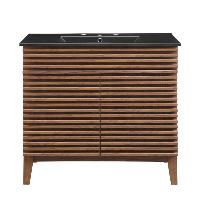 Pemberly Row Modern Wood/Ceramic Bathroom Vanity in Walnut/Black