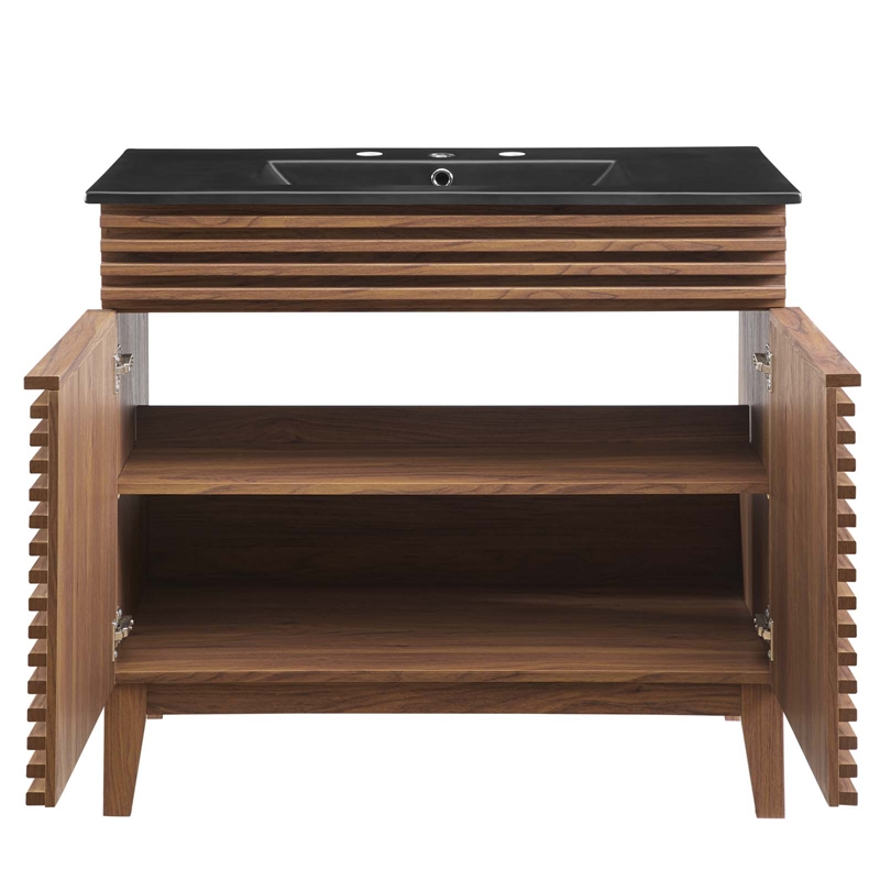 Pemberly Row Modern Wood/Ceramic Bathroom Vanity in Walnut/Black