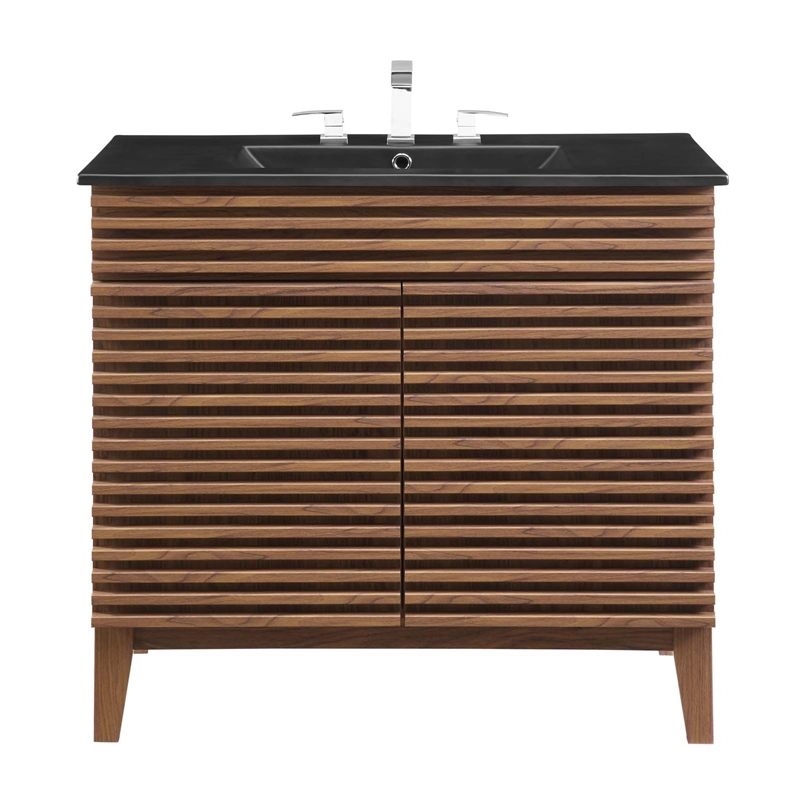 Pemberly Row Modern Wood/Ceramic Bathroom Vanity in Walnut/Black