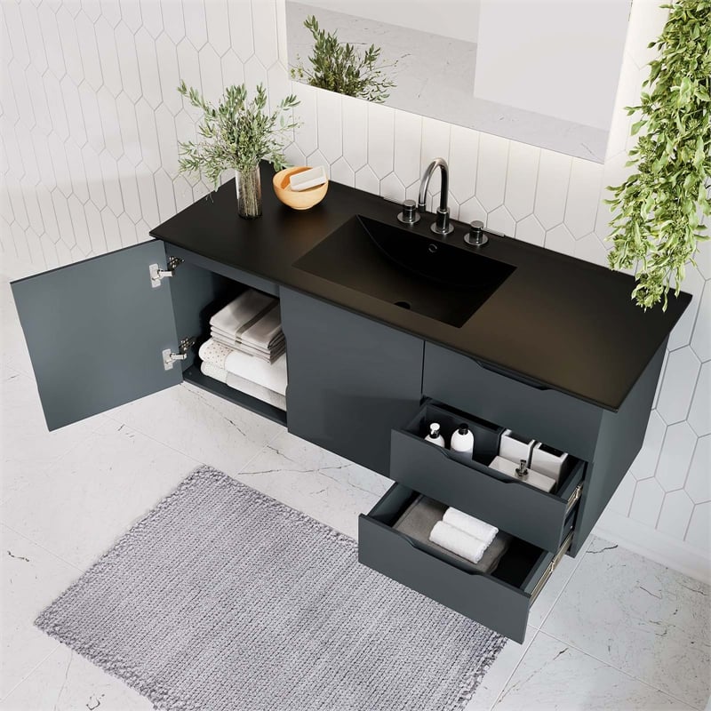 Pemberly Row Modern Wood Single Sink Bathroom Vanity in Gray/Black