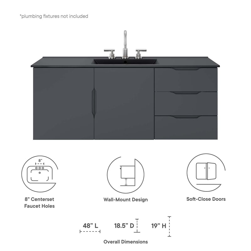Pemberly Row Modern Wood Single Sink Bathroom Vanity in Gray/Black
