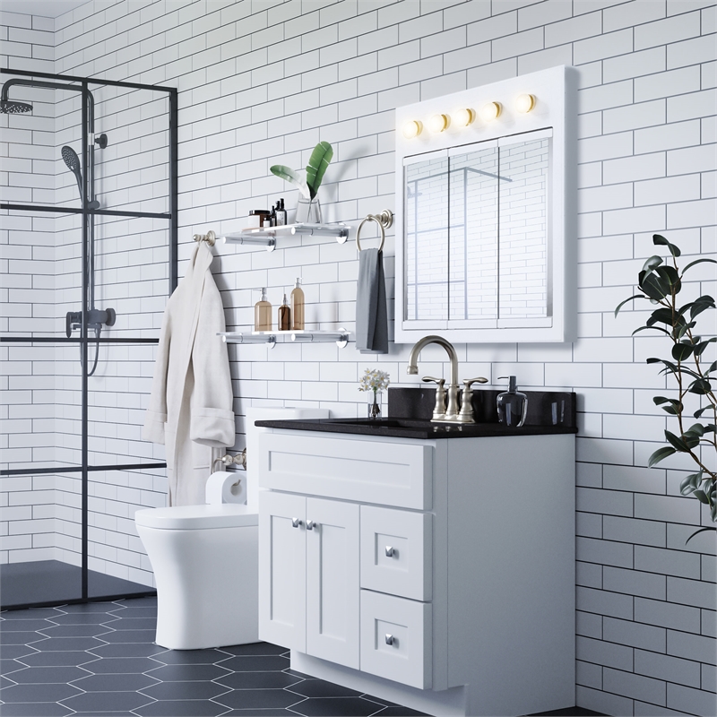 Pemberly Row 36-Inch Assembled Wood Framed Medicine Cabinet Mirror - White Gloss