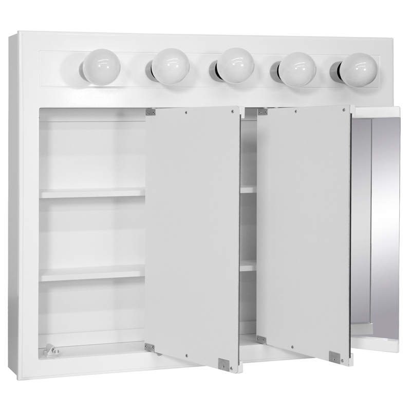 Pemberly Row 36-Inch Assembled Wood Framed Medicine Cabinet Mirror - White Gloss