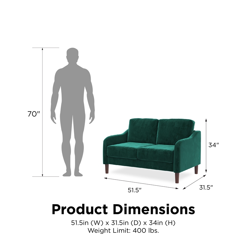 Pemberly Row Contemporary 2-Seater Loveseat Sofa in Green Velvet