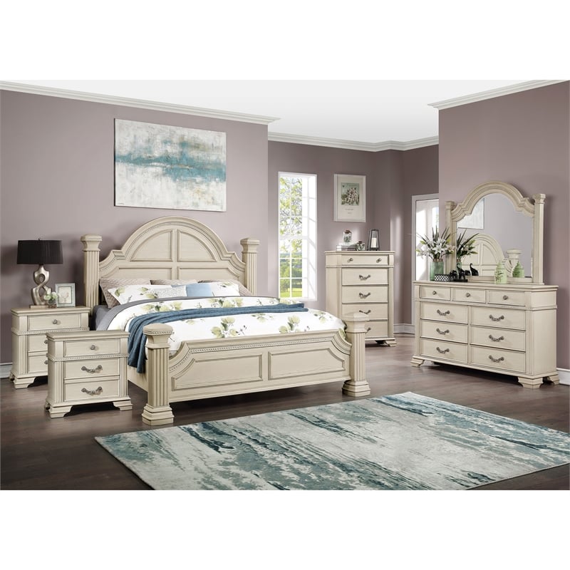 Pemberly Row 6pc White Wood Bedroom Set-King+2 Nightstands+Chest+Dresser+Mirror