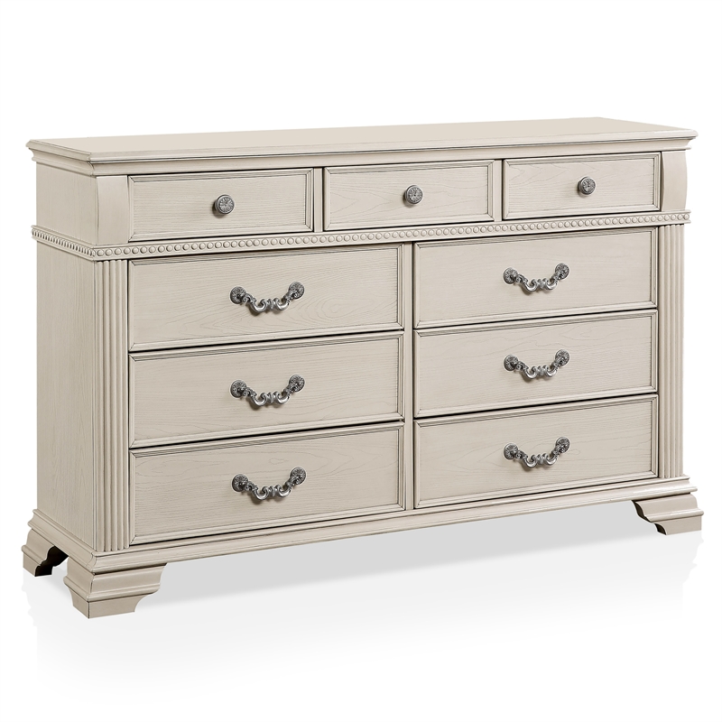 Pemberly Row 6pc White Wood Bedroom Set-King+2 Nightstands+Chest+Dresser+Mirror