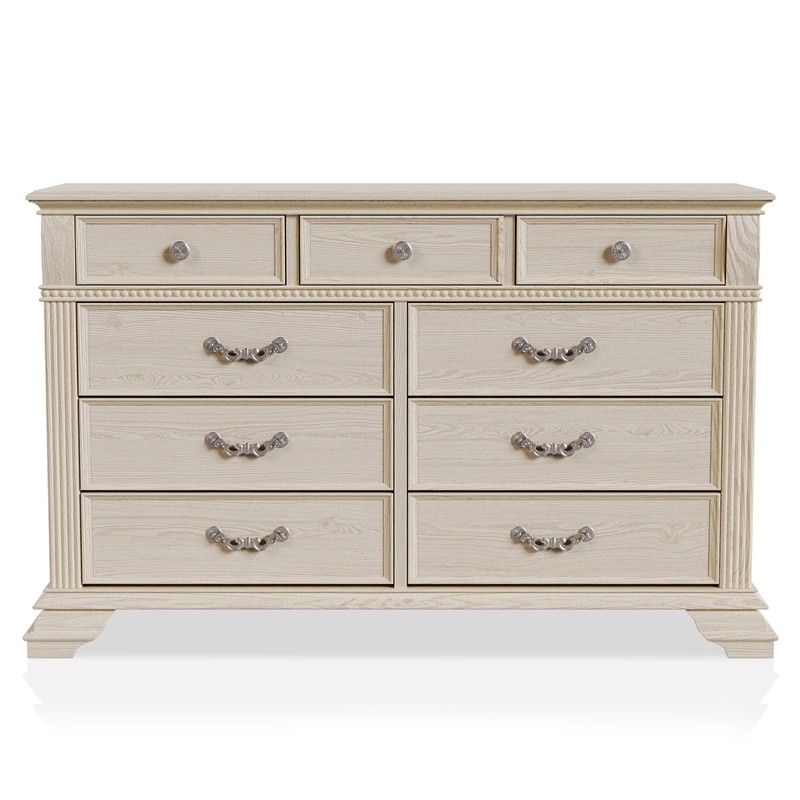 Pemberly Row 6pc White Wood Bedroom Set-King+2 Nightstands+Chest+Dresser+Mirror