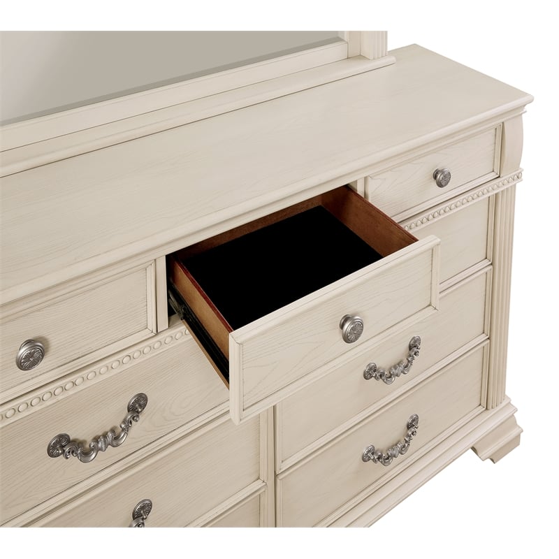 Pemberly Row 6pc White Wood Bedroom Set-King+2 Nightstands+Chest+Dresser+Mirror