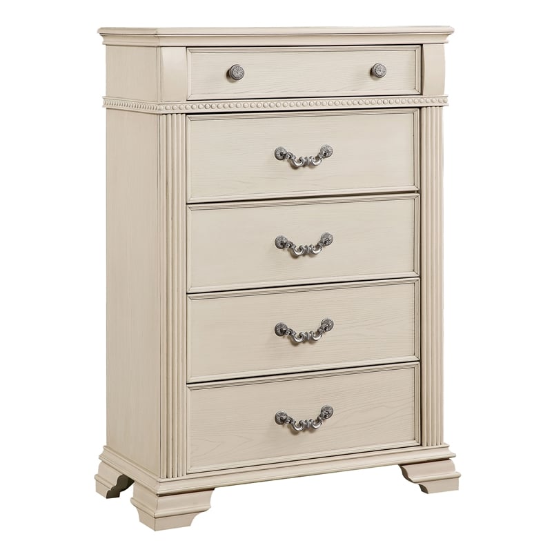 Pemberly Row 6pc White Wood Bedroom Set-King+2 Nightstands+Chest+Dresser+Mirror