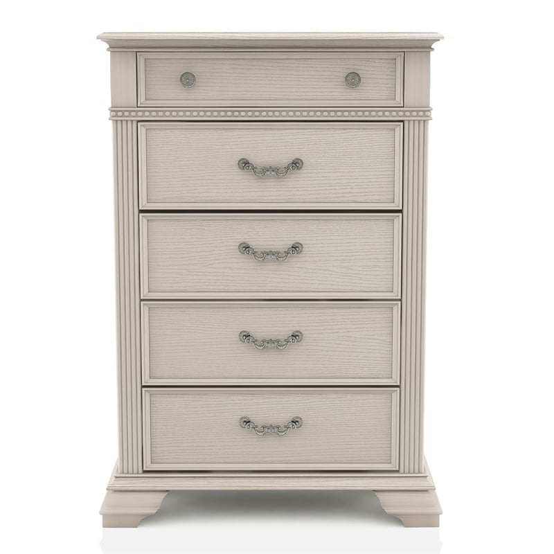 Pemberly Row 6pc White Wood Bedroom Set-King+2 Nightstands+Chest+Dresser+Mirror