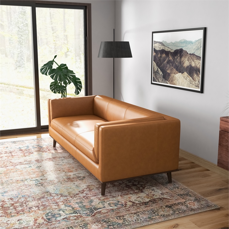 Pemberly Row Mid-Century Modern Furniture Style Italian Top Leather Sofa in Tan
