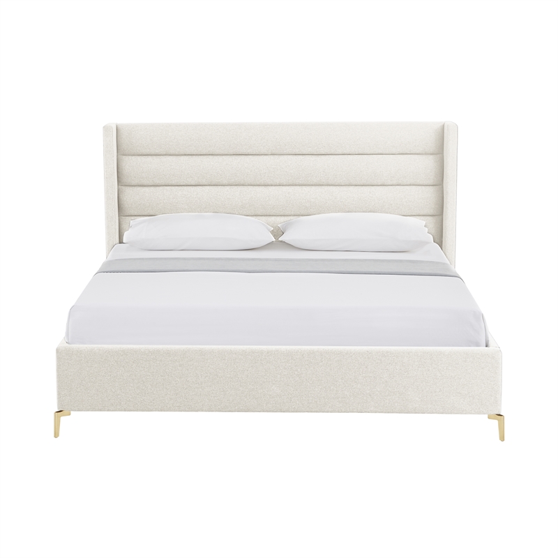 Pemberly Row Upholstered Linen & Wood Queen Platform Bed in Light Beige
