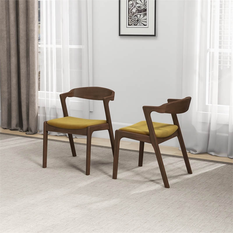 Pemberly Row Mid-Century Modern Velvet Dining Chair in Dark Yellow (Set of 2)