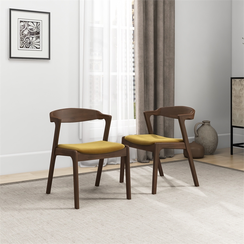 Pemberly Row Mid-Century Modern Velvet Dining Chair in Dark Yellow (Set of 2)