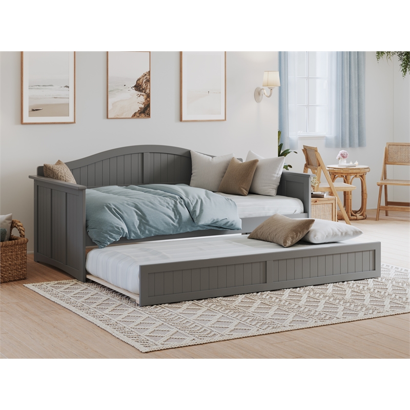 Pemberly Row Mid-Century Solid Wood Daybed with Twin Trundle in Gray