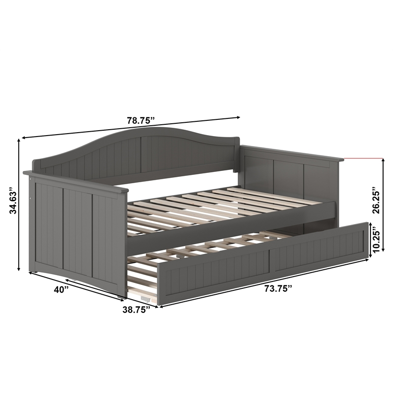 Pemberly Row Mid-Century Solid Wood Daybed with Twin Trundle in Gray