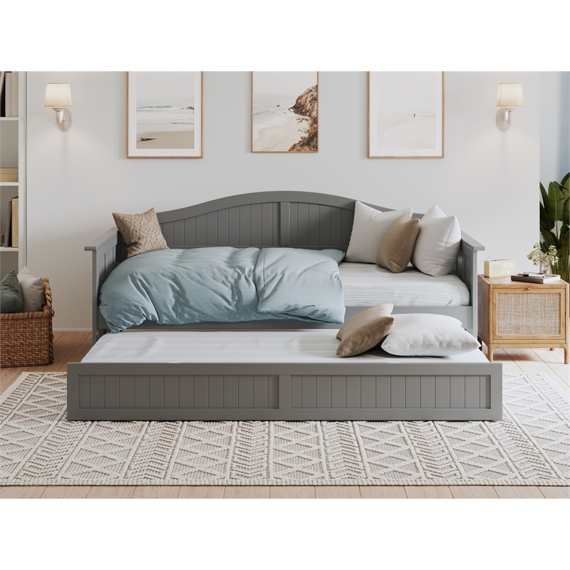 Pemberly Row Mid-Century Solid Wood Daybed with Twin Trundle in Gray