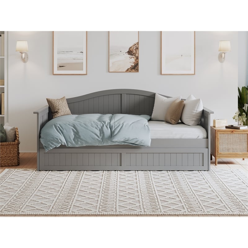 Pemberly Row Mid-Century Solid Wood Daybed with Twin Trundle in Gray