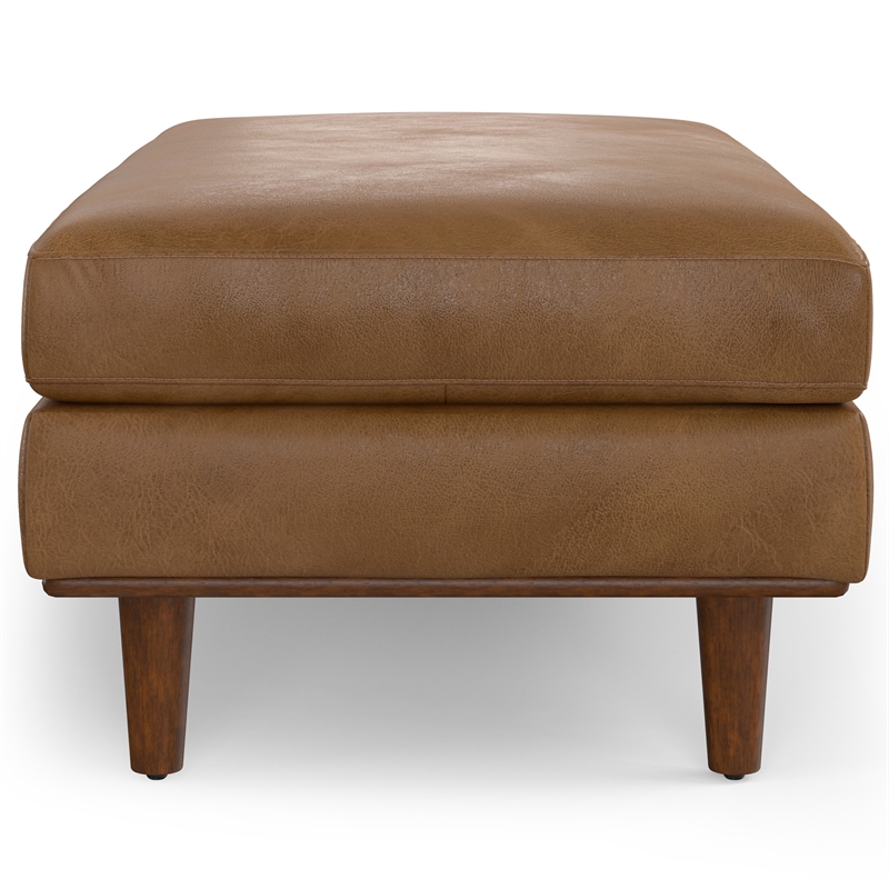 Pemberly Row Wide Century Rectangular Ottoman - Caramel Brown Genuine Leather