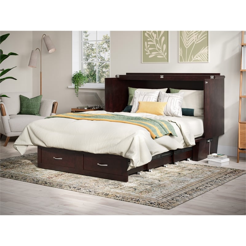Pemberly Row Queen Solid Wood Murphy Bed Chest with Mattress in Espresso