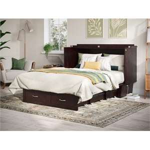 Pemberly Row Queen Solid Wood Murphy Bed Chest with Mattress in Espresso