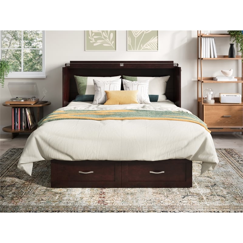Pemberly Row Queen Solid Wood Murphy Bed Chest with Mattress in Espresso