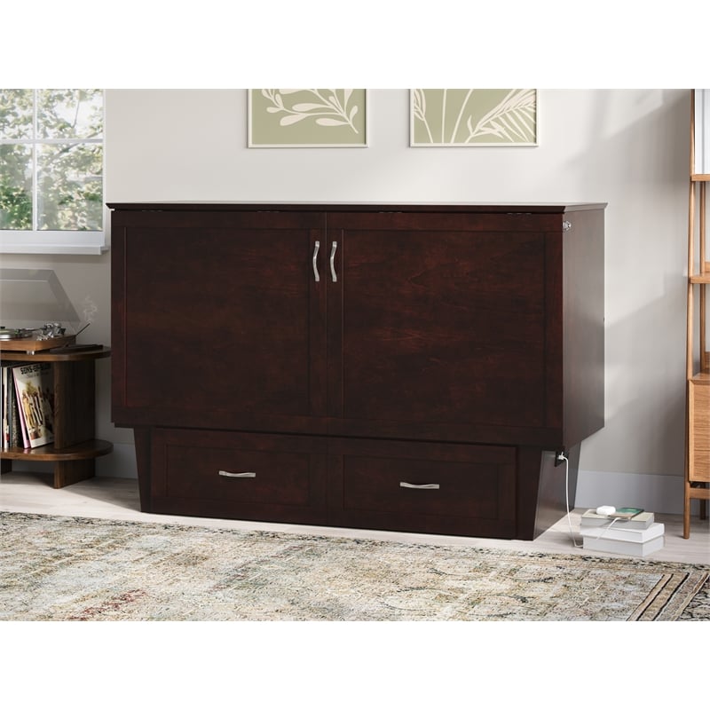 Pemberly Row Queen Solid Wood Murphy Bed Chest with Mattress in Espresso