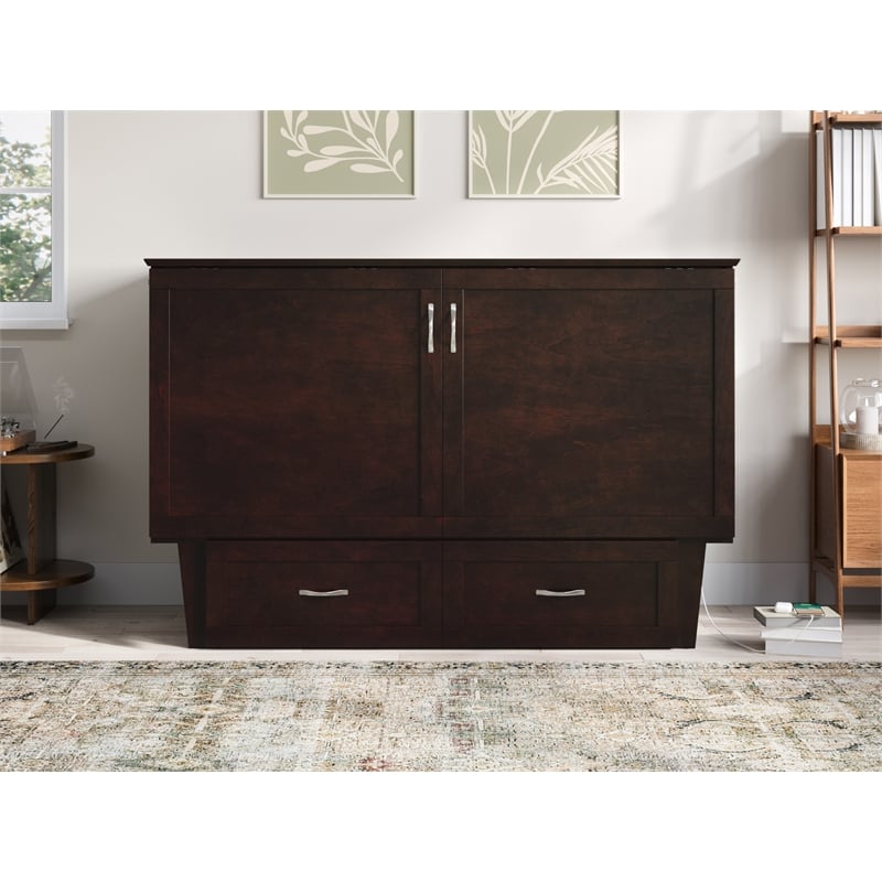 Pemberly Row Queen Solid Wood Murphy Bed Chest with Mattress in Espresso