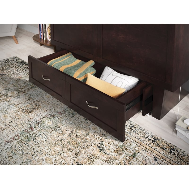 Pemberly Row Queen Solid Wood Murphy Bed Chest with Mattress in Espresso