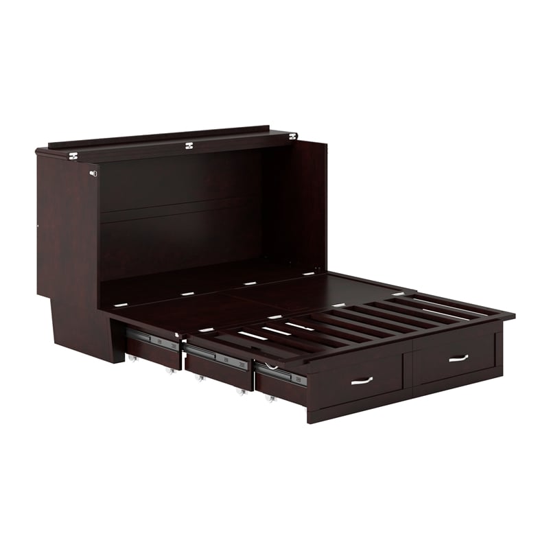 Pemberly Row Queen Solid Wood Murphy Bed Chest with Mattress in Espresso