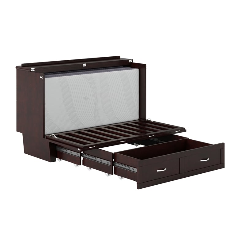 Pemberly Row Queen Solid Wood Murphy Bed Chest with Mattress in Espresso