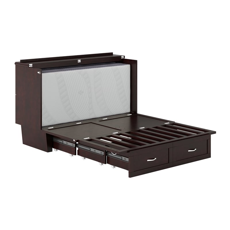 Pemberly Row Queen Solid Wood Murphy Bed Chest with Mattress in Espresso