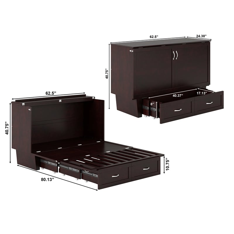 Pemberly Row Queen Solid Wood Murphy Bed Chest with Mattress in Espresso