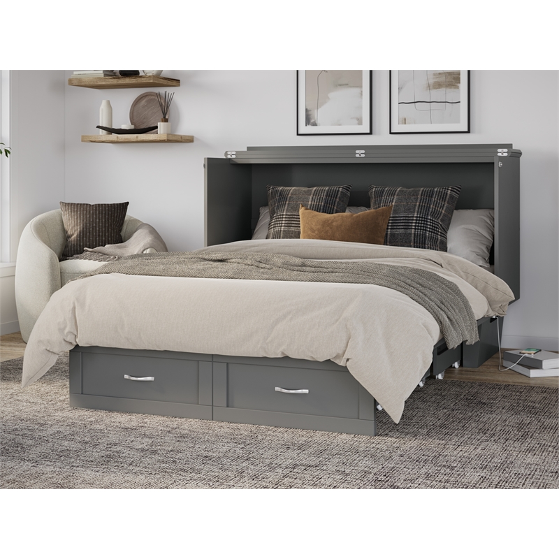 Pemberly Row Queen Solid Wood Murphy Bed Chest with Mattress in Gray