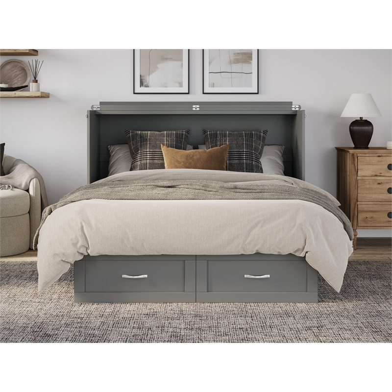 Pemberly Row Queen Solid Wood Murphy Bed Chest with Mattress in Gray