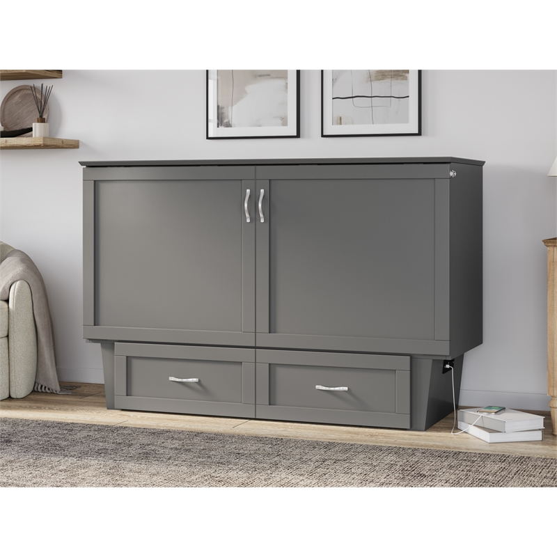 Pemberly Row Queen Solid Wood Murphy Bed Chest with Mattress in Gray
