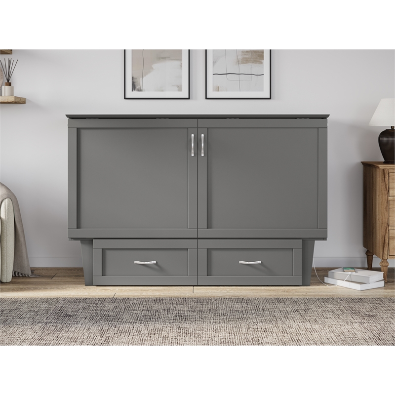Pemberly Row Queen Solid Wood Murphy Bed Chest with Mattress in Gray