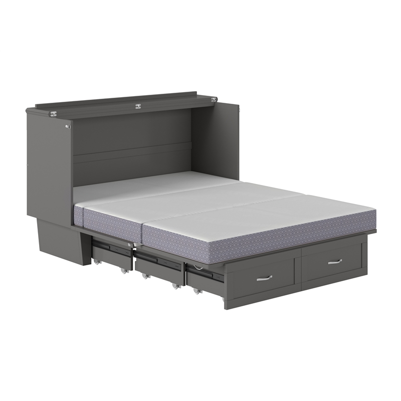 Pemberly Row Queen Solid Wood Murphy Bed Chest with Mattress in Gray