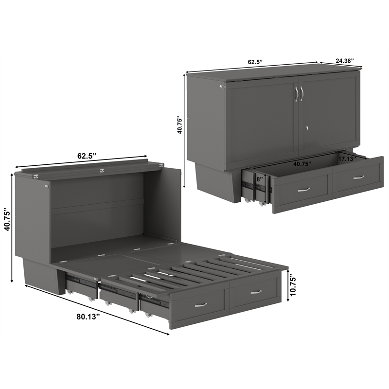 Pemberly Row Queen Solid Wood Murphy Bed Chest with Mattress in Gray