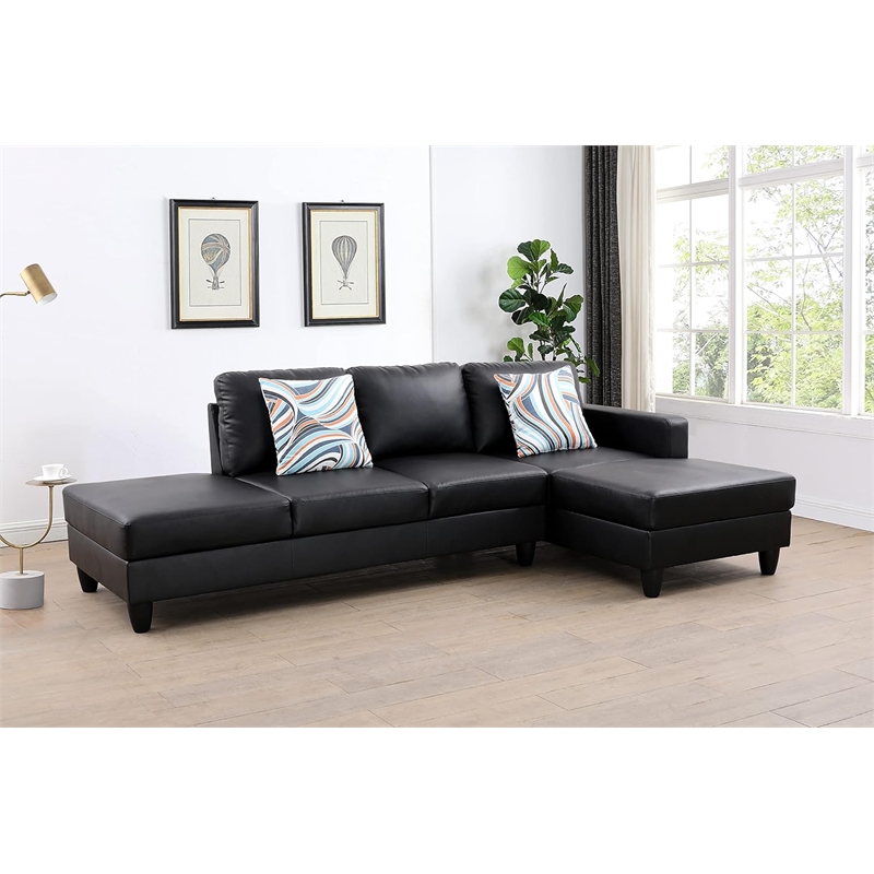 Pemberly Row L Shaped Black Faux Leather 2-Piece Couch Living Room Sofa Set