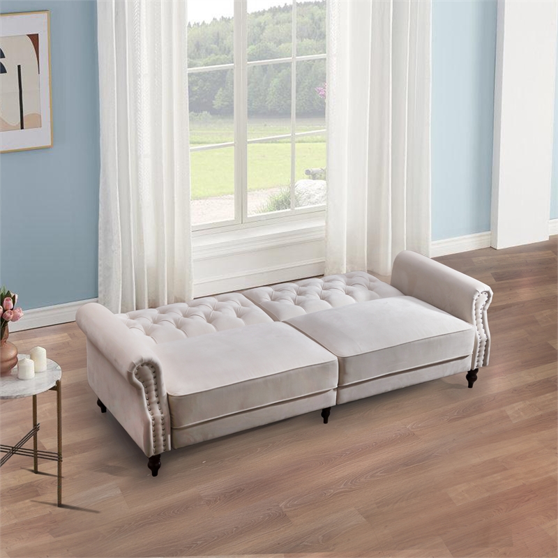 Pemberly Row 87.8'' Convertible Cream Velvet Sofa Bed Sleeper