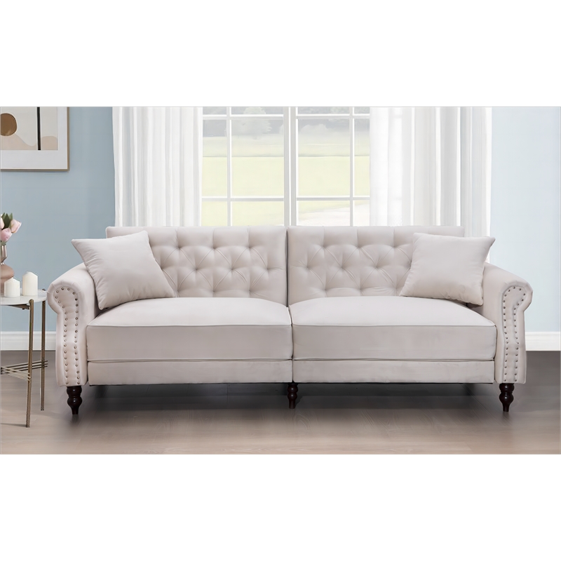 Pemberly Row 87.8'' Convertible Cream Velvet Sofa Bed Sleeper