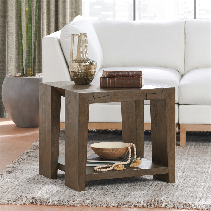 Pemberly Row Antique Brown Cracked Oak Wood End Table - Rustic Charm